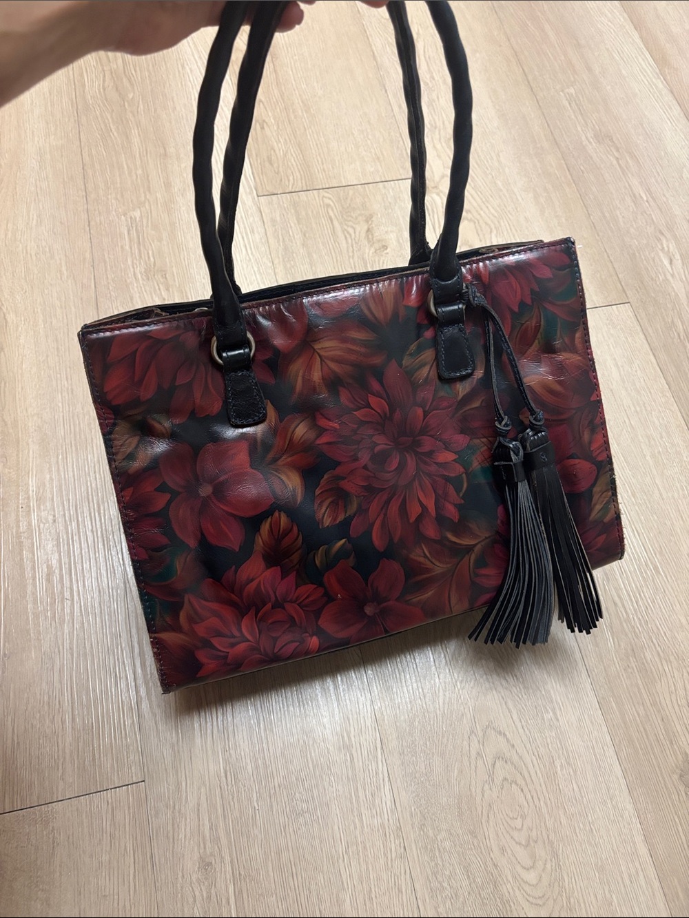 Patricia Nash Floral Red & Black Tote Bag with Tassel Details